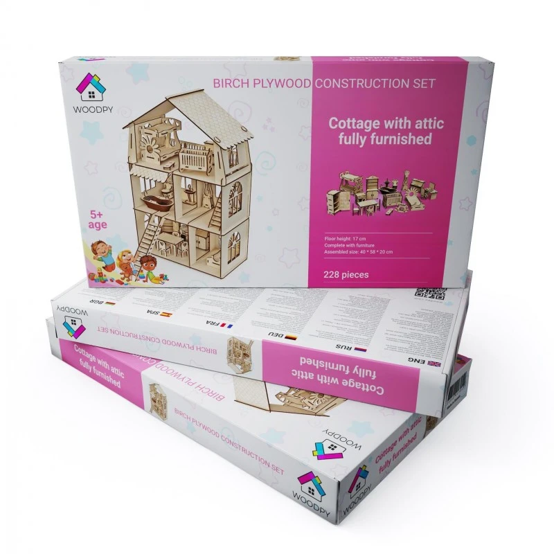 Дървена вила за кукли с мансарда WOODPY, с обзавеждане, сглобяема, 228 части